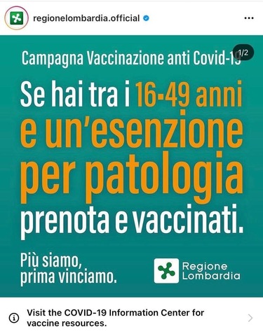 Prenotazione vaccino anti Covid-19 per persone tra i 16 e i 49 anni e un'esenzione per patologia